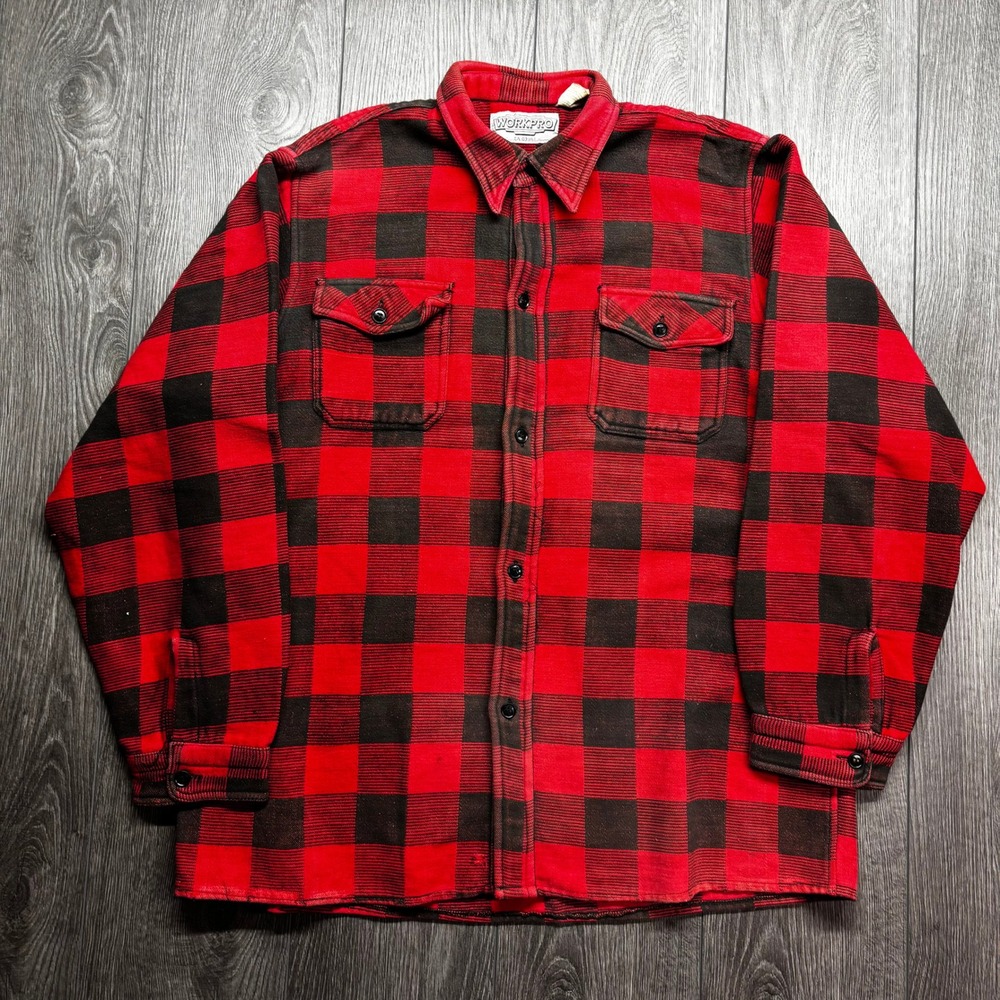 Workpro Mens XL Red Black Buffalo Plaid Heavy Flannel Work Shirt Button Down